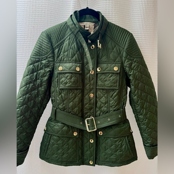 Green Burberry Diamond Quilted Utility Belted Field Jacket Gold Buttons S Small - Picture 2 of 10
